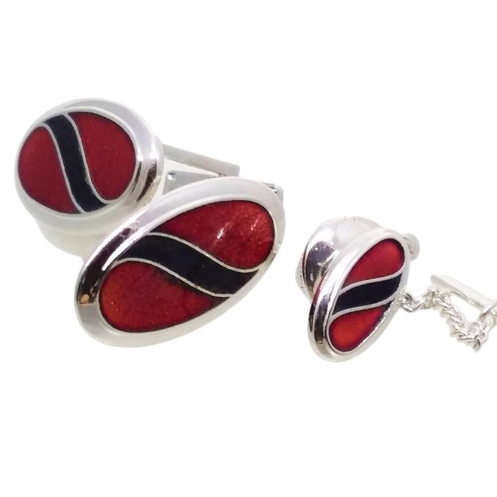 Black Red Silver Tone Cufflinks Oval & Tie Tac Pin Sarah Coventry Enamel Vintage